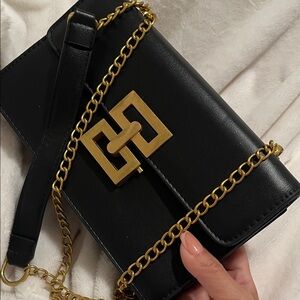 Black Leather Chain Shoulder Bag with Gold Hardware